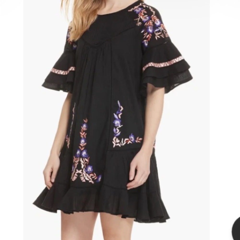 FREE PEOPLE pavlo A-line black flutter sleeve dress cotton embroidered M western